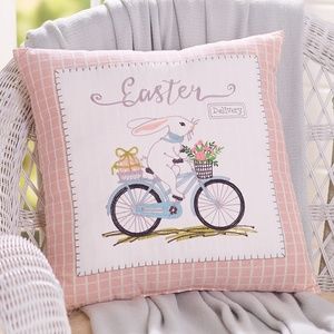 Embroidered Spring Easter Delivery Bunny on Bicycle Pillow New